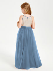 Sequined Top Long Tulle Junior Bridesmaid Gown Slate Blue