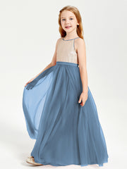 Sequined Top Long Tulle Junior Bridesmaid Gown Slate Blue