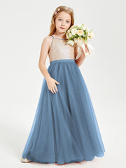 Sequined Top Long Tulle Junior Bridesmaid Gown Slate Blue