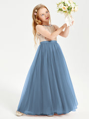 Sequined Top Long Tulle Junior Bridesmaid Gown Slate Blue