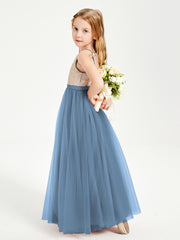 Sequined Top Long Tulle Junior Bridesmaid Gown Slate Blue