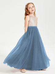 Sequined Top Long Tulle Junior Bridesmaid Gown Slate Blue