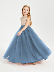Sequined Top Long Tulle Junior Bridesmaid Gown Slate Blue