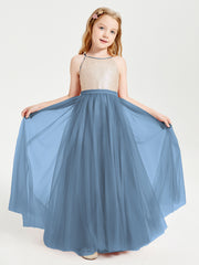 Sequined Top Long Tulle Junior Bridesmaid Gown Slate Blue