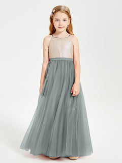 Sequined Top Long Tulle Junior Bridesmaid Gown Steel Grey