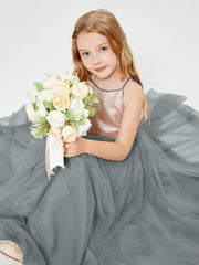 Sequined Top Long Tulle Junior Bridesmaid Gown Steel Grey