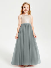 Sequined Top Long Tulle Junior Bridesmaid Gown Steel Grey