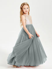Sequined Top Long Tulle Junior Bridesmaid Gown Steel Grey