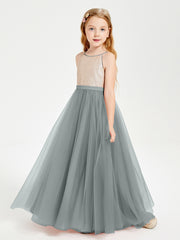 Sequined Top Long Tulle Junior Bridesmaid Gown Steel Grey