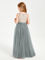 Sequined Top Long Tulle Junior Bridesmaid Gown Steel Grey