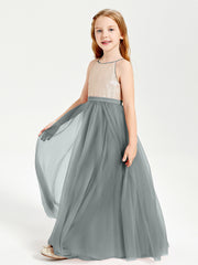 Sequined Top Long Tulle Junior Bridesmaid Gown Steel Grey