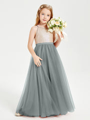 Sequined Top Long Tulle Junior Bridesmaid Gown Steel Grey