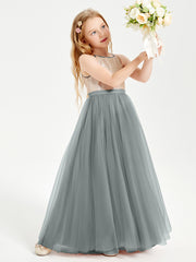 Sequined Top Long Tulle Junior Bridesmaid Gown Steel Grey
