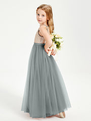 Sequined Top Long Tulle Junior Bridesmaid Gown Steel Grey