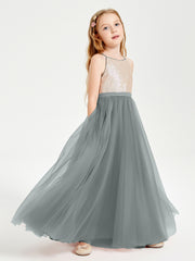 Sequined Top Long Tulle Junior Bridesmaid Gown Steel Grey