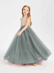 Sequined Top Long Tulle Junior Bridesmaid Gown Steel Grey