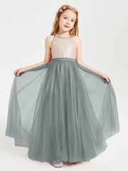 Sequined Top Long Tulle Junior Bridesmaid Gown Steel Grey