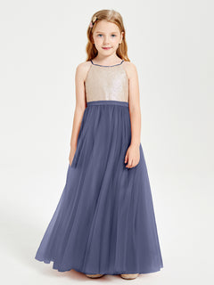 Sequined Top Long Tulle Junior Bridesmaid Gown Stormy