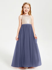 Sequined Top Long Tulle Junior Bridesmaid Gown Stormy