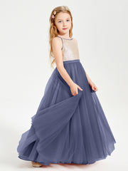 Sequined Top Long Tulle Junior Bridesmaid Gown Stormy