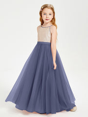 Sequined Top Long Tulle Junior Bridesmaid Gown Stormy