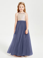 Sequined Top Long Tulle Junior Bridesmaid Gown Stormy