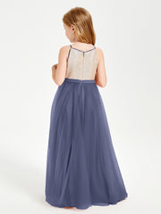 Sequined Top Long Tulle Junior Bridesmaid Gown Stormy