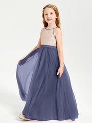 Sequined Top Long Tulle Junior Bridesmaid Gown Stormy
