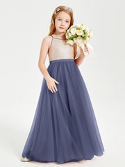 Sequined Top Long Tulle Junior Bridesmaid Gown Stormy