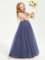 Sequined Top Long Tulle Junior Bridesmaid Gown Stormy