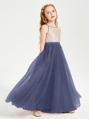 Sequined Top Long Tulle Junior Bridesmaid Gown Stormy