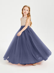 Sequined Top Long Tulle Junior Bridesmaid Gown Stormy