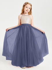 Sequined Top Long Tulle Junior Bridesmaid Gown Stormy