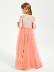 Sequined Top Long Tulle Junior Bridesmaid Gown Sunset