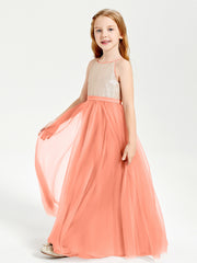 Sequined Top Long Tulle Junior Bridesmaid Gown Sunset