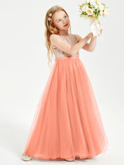 Sequined Top Long Tulle Junior Bridesmaid Gown Sunset
