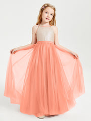 Sequined Top Long Tulle Junior Bridesmaid Gown Sunset