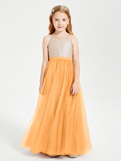 Sequined Top Long Tulle Junior Bridesmaid Gown Tangerine