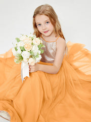 Sequined Top Long Tulle Junior Bridesmaid Gown Tangerine