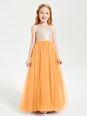 Sequined Top Long Tulle Junior Bridesmaid Gown Tangerine
