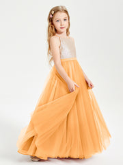 Sequined Top Long Tulle Junior Bridesmaid Gown Tangerine