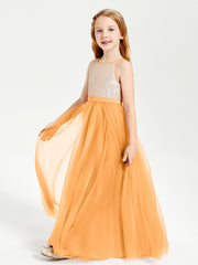 Sequined Top Long Tulle Junior Bridesmaid Gown Tangerine