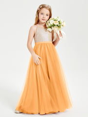 Sequined Top Long Tulle Junior Bridesmaid Gown Tangerine