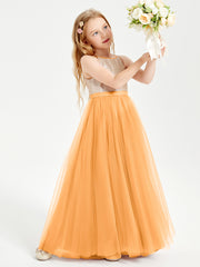 Sequined Top Long Tulle Junior Bridesmaid Gown Tangerine