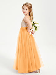 Sequined Top Long Tulle Junior Bridesmaid Gown Tangerine