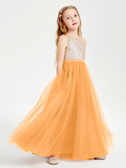 Sequined Top Long Tulle Junior Bridesmaid Gown Tangerine
