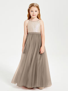 Sequined Top Long Tulle Junior Bridesmaid Gown Taupe