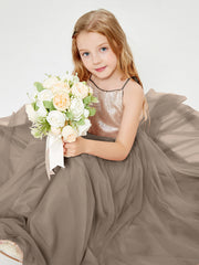 Sequined Top Long Tulle Junior Bridesmaid Gown Taupe