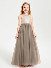 Sequined Top Long Tulle Junior Bridesmaid Gown Taupe