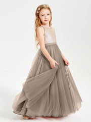 Sequined Top Long Tulle Junior Bridesmaid Gown Taupe